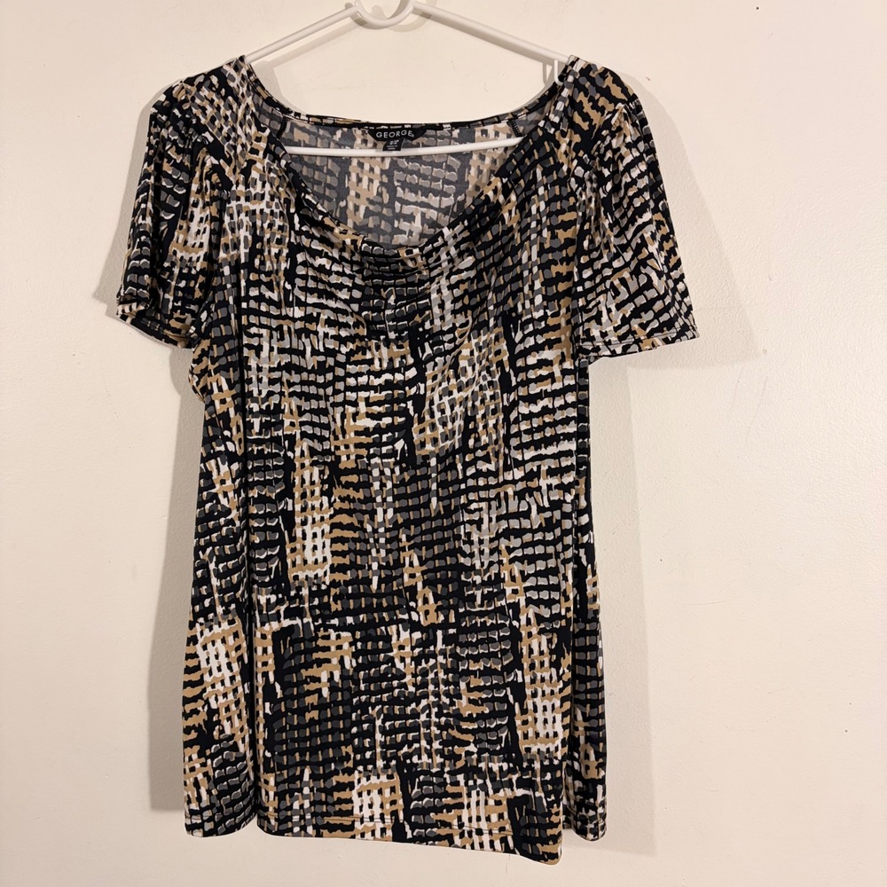 George Blouse Womens XL 16-18 Black Tan Grid Scoop Neck Short Sleeve